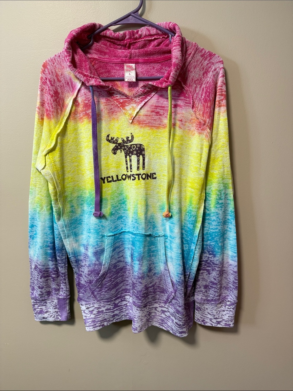 Mudd Pink Yellow Tie-Dye Hoodie with Moose Graphic
